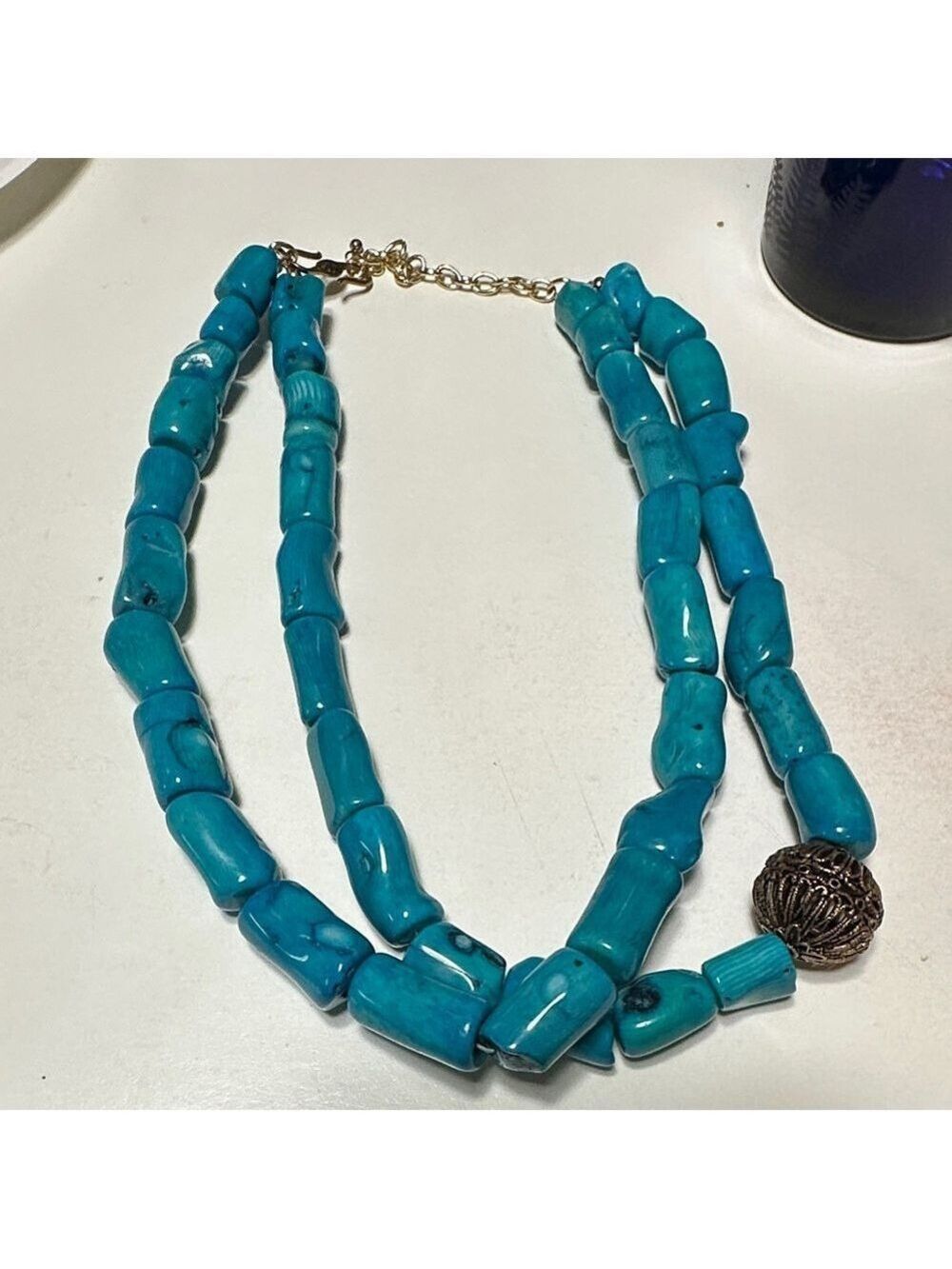 Blue Dyed Coral Studio Barse (Turquoise color) Necklace with Bead - Picture 2 of 13
